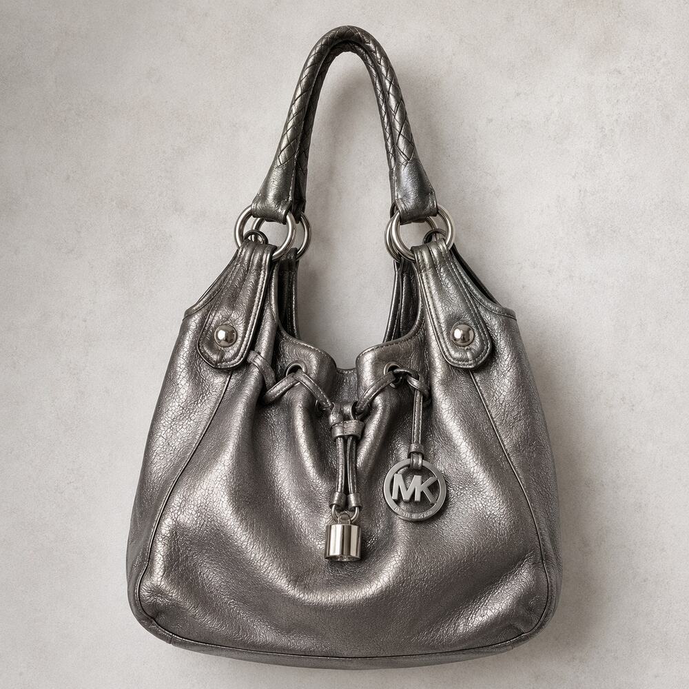 Michael Kors Metallic Silver Leather Drawstring Hobo Shoulder Bag Large - Picture 12 of 12